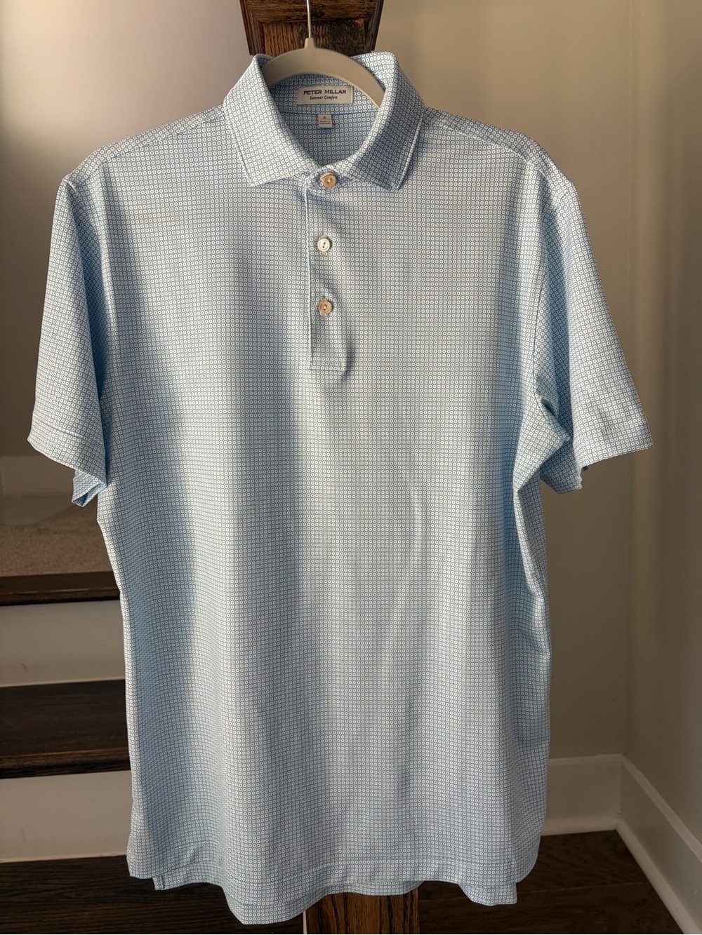 Peter Millar Light Blue Micro-Check Short Sleeve Summer Comfort Polo, size small